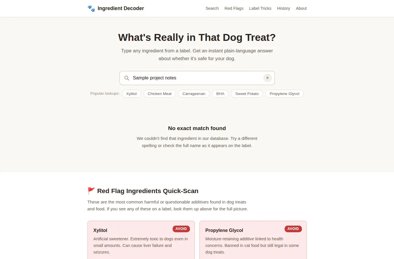 Screenshot of Dog Treat Ingredient Decoder interface showing the project page in use